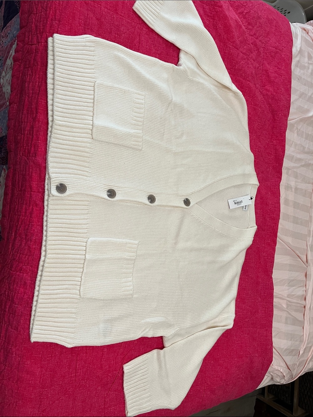 Cream Button-Front V-Neck Cardigan with Patch Pockets